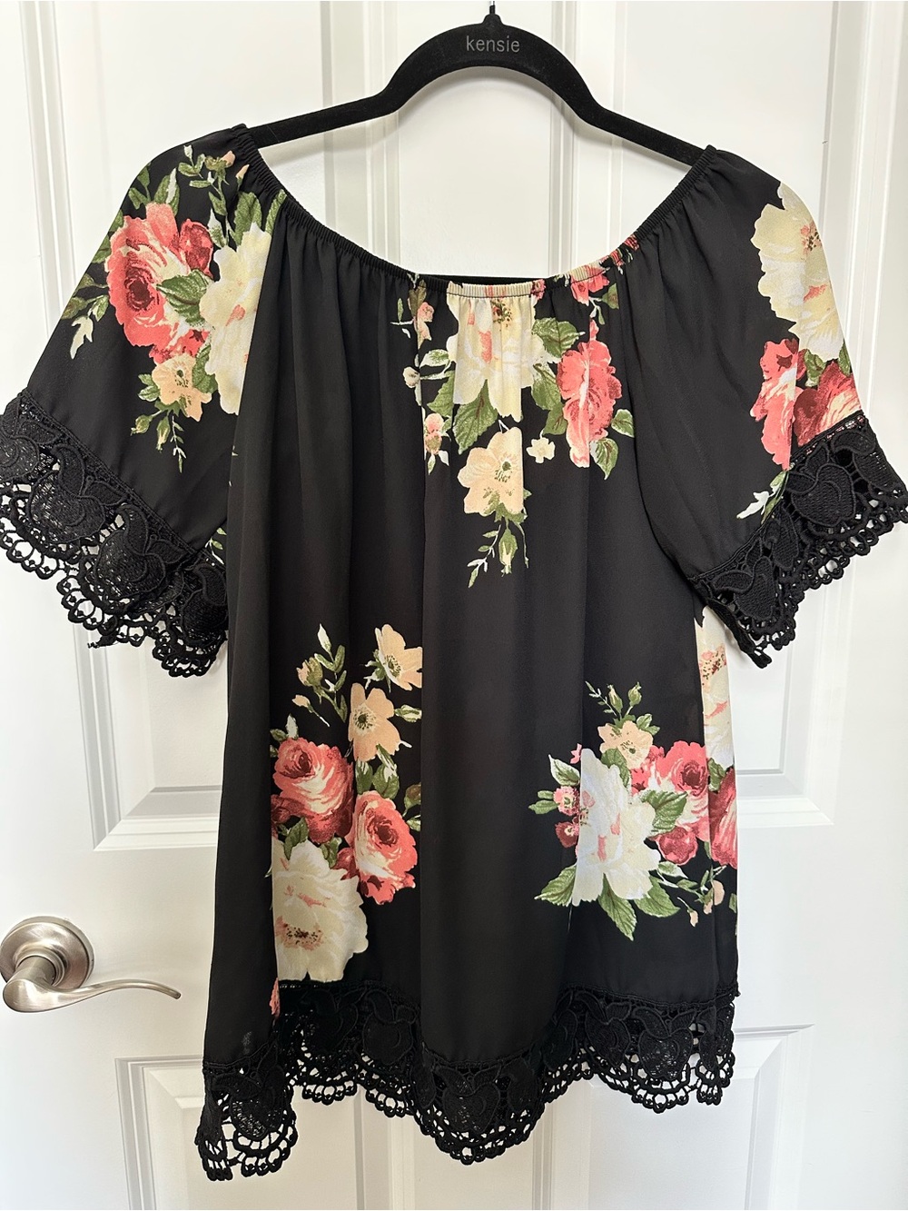 Haute Project Black Floral Off-Shoulder Blouse with Crochet Trim